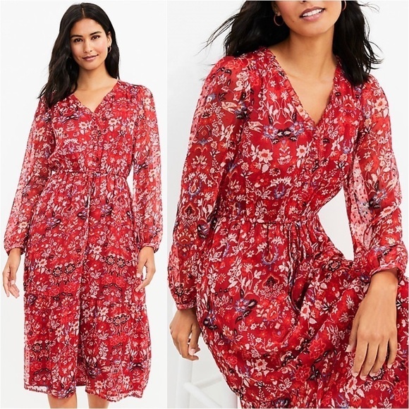 LOFT Red Floral Clip V-Neck Midi Dress - Picture 1 of 10